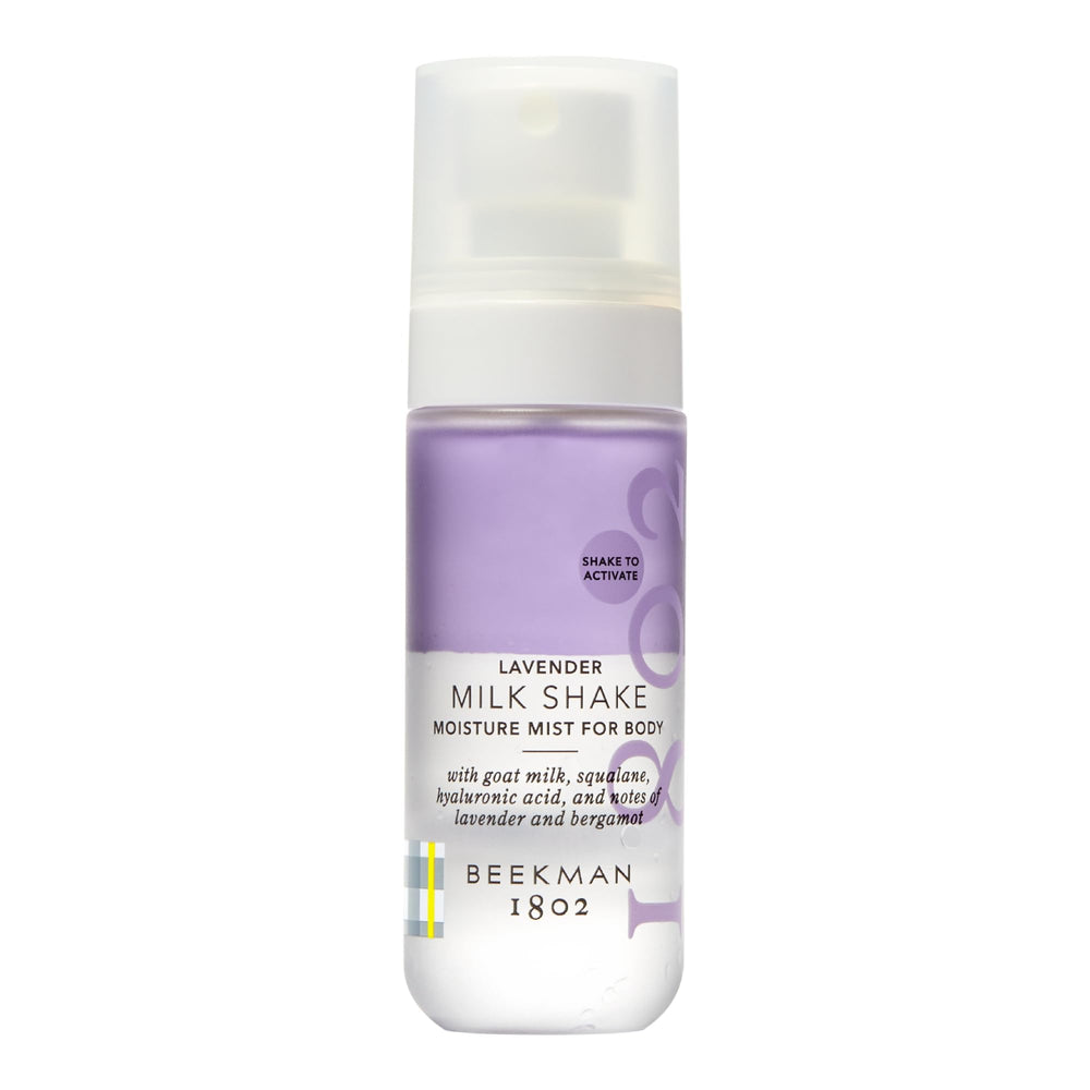 Beekman 1802 Milk Shake Body Mist Lavender bottle showing lightweight hydration for sensitive skin