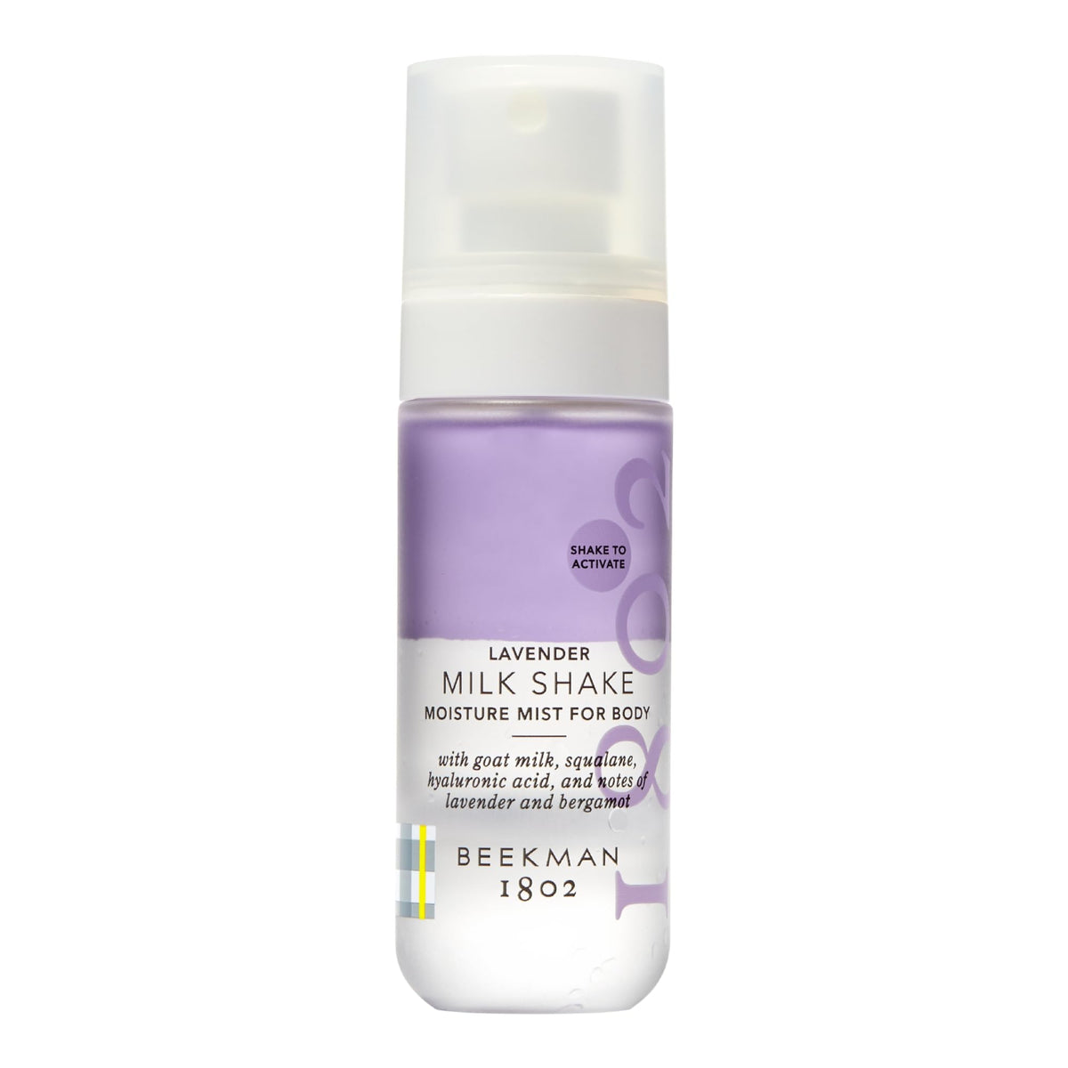 Beekman 1802 Milk Shake Body Mist Lavender bottle showing lightweight hydration for sensitive skin
