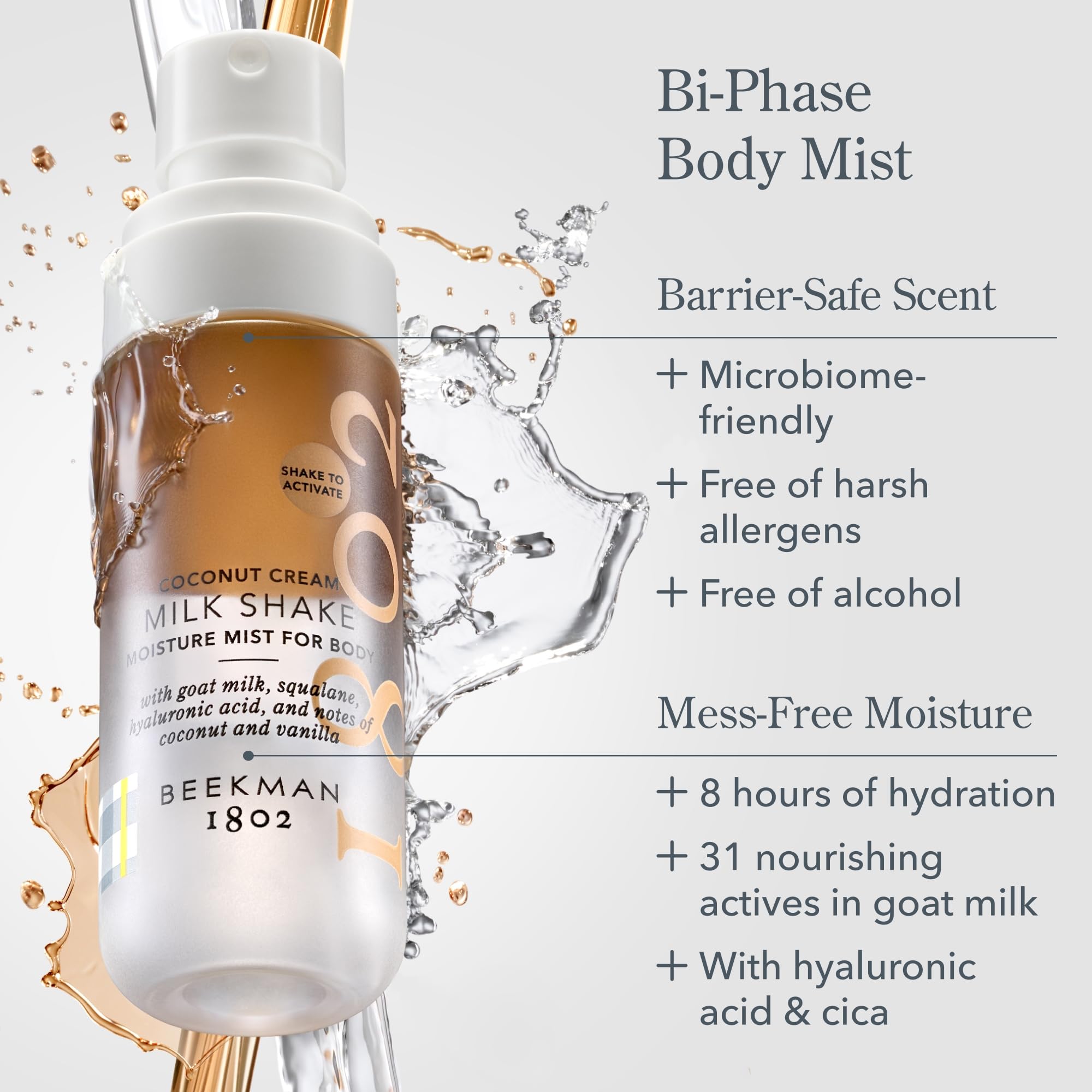 Beekman 1802 Milk Shake Body Mist spray on application for quick refreshment.