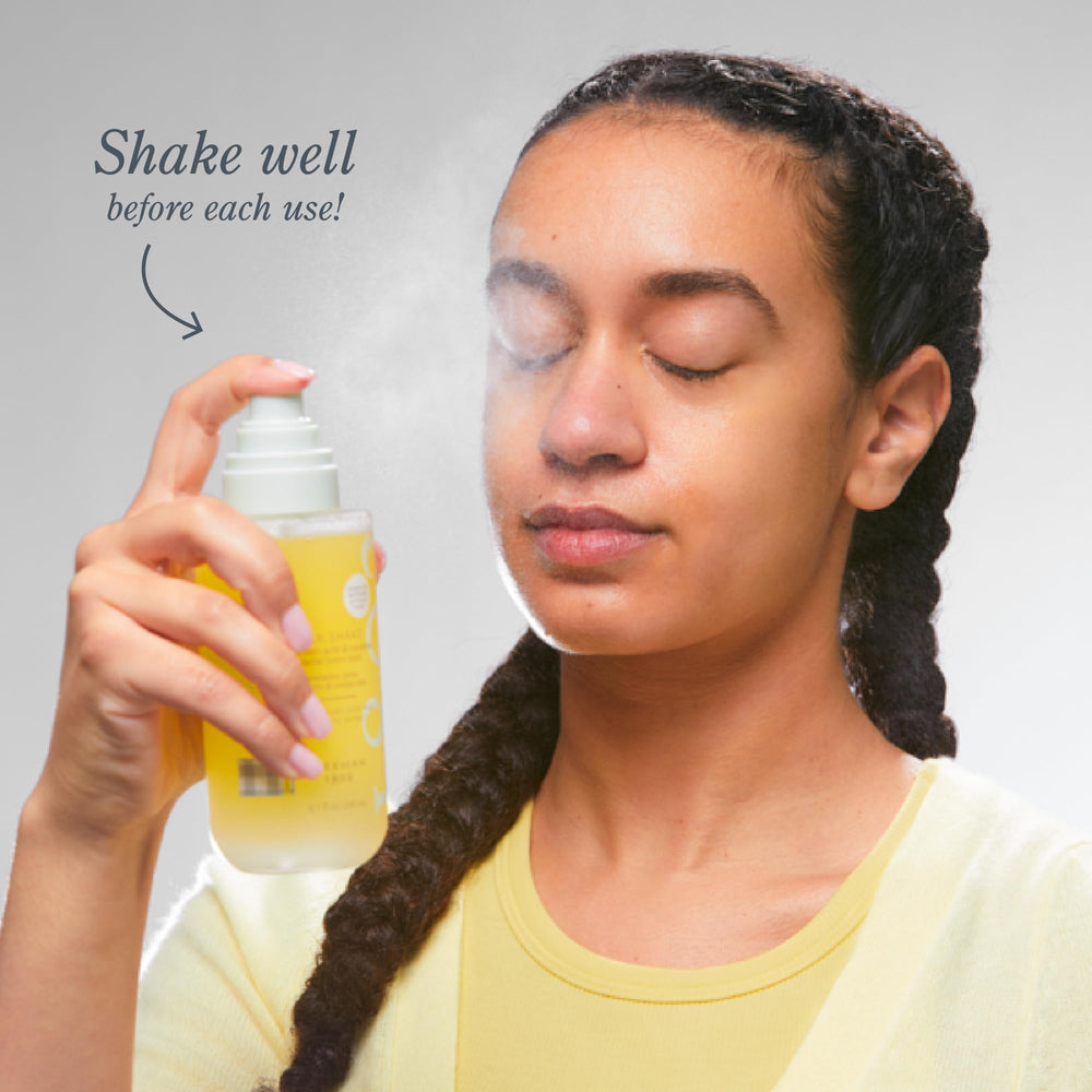 Beekman 1802 Milk Shake Face Mist positioned on a bathroom shelf for daily use.