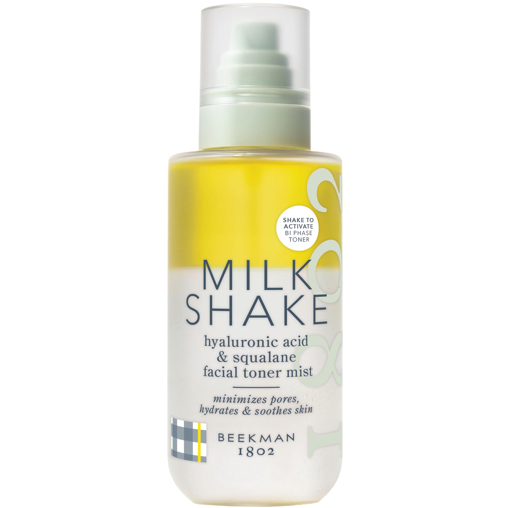 Beekman 1802 Milk Shake Face Mist bottle closeup highlights hydrating formula.