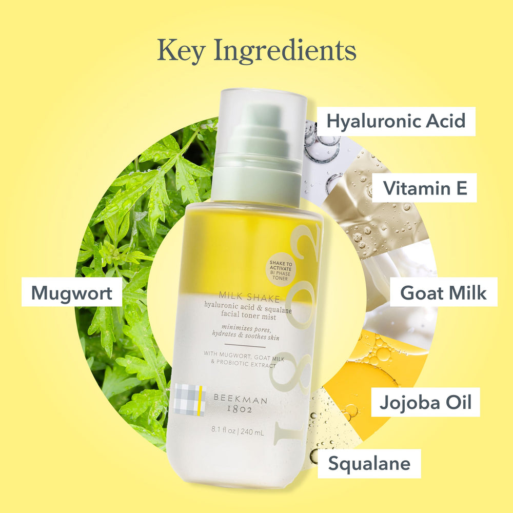 Beekman 1802 Milk Shake Face Mist hyaluronic acid for deep hydration.
