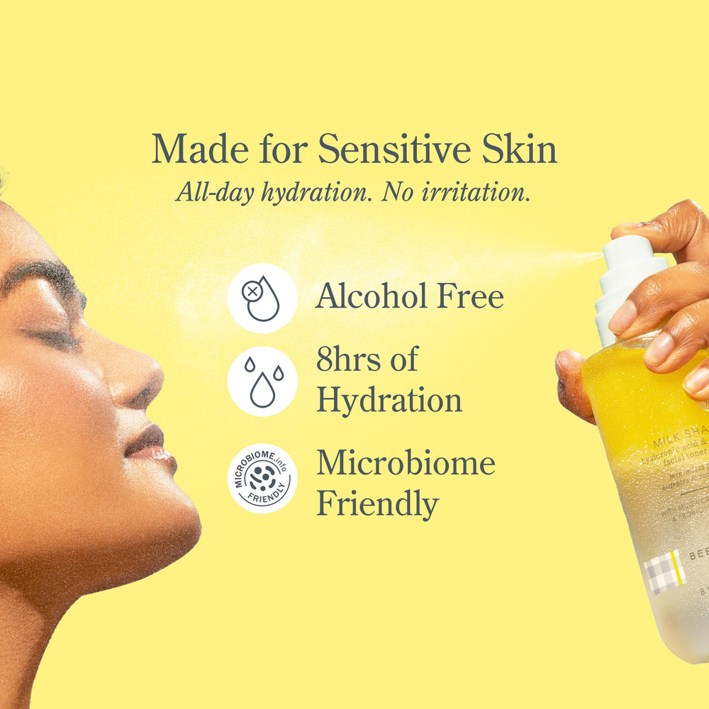 Beekman 1802 Milk Shake Face Mist emphasizes plant-derived squalane to prevent moisture loss.