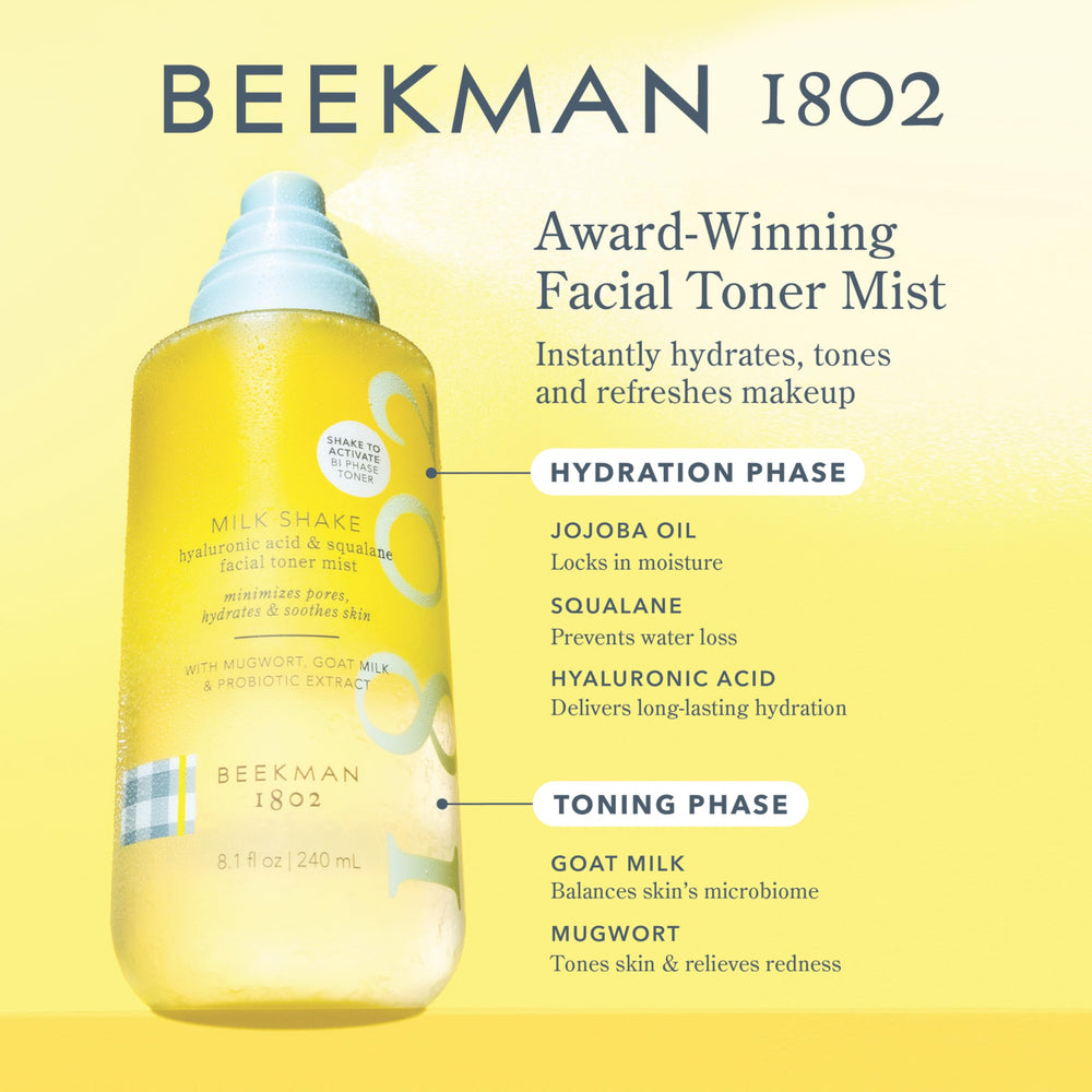 Beekman 1802 Milk Shake Face Mist spray demonstrates even, refreshing mist.