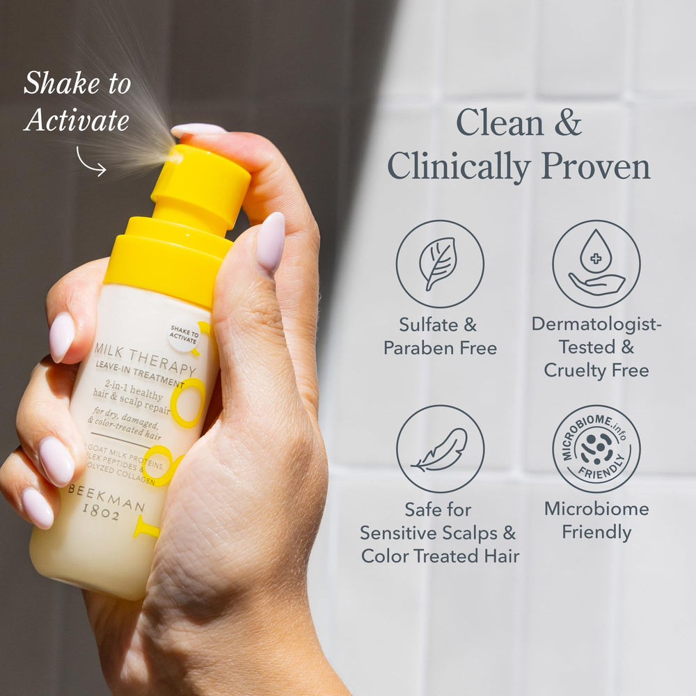 Beekman 1802 Milk Therapy Leave-In on hair — lightweight frizz taming and moisture. 