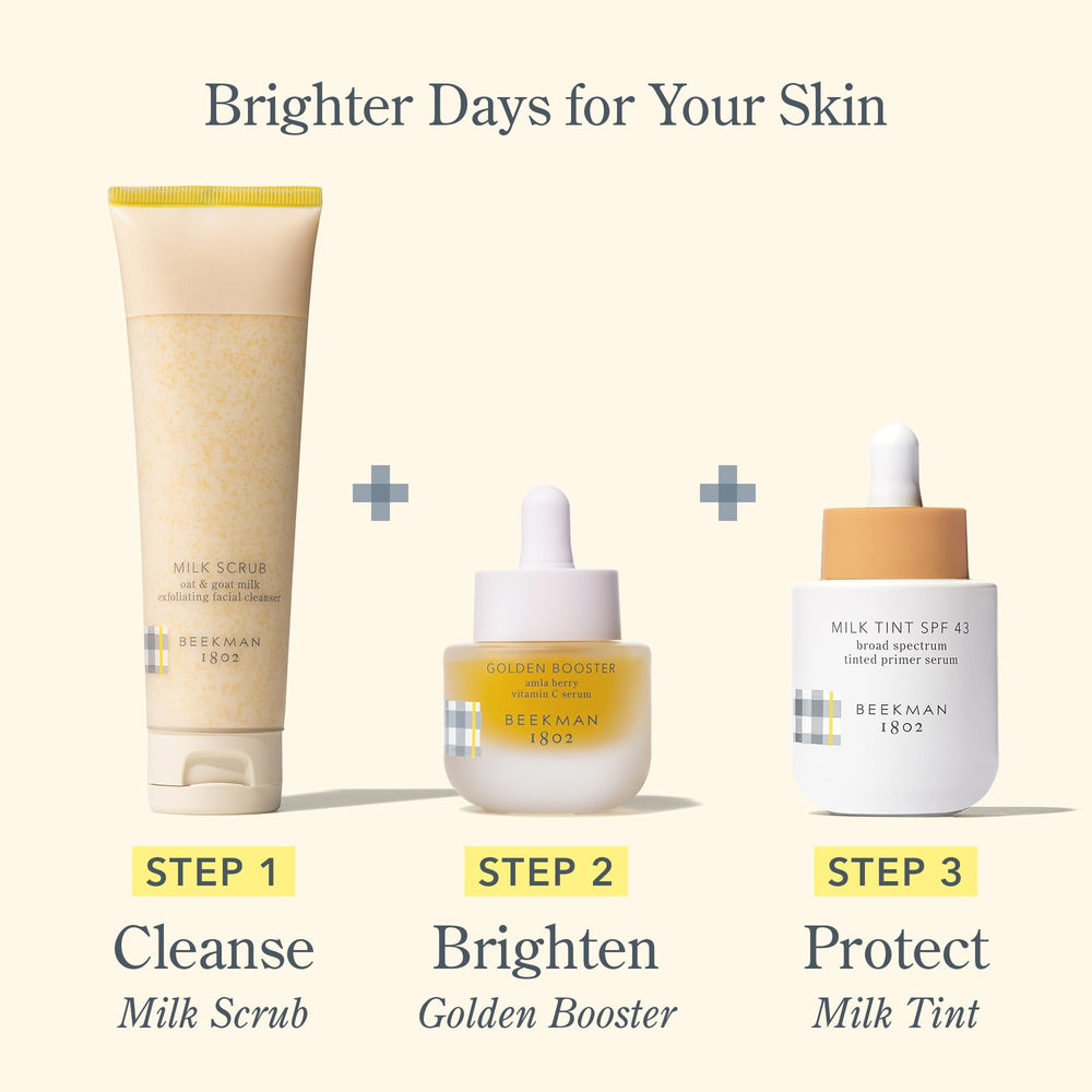 Beekman 1802 Milk Tint Primer seven-shade range on swatches.