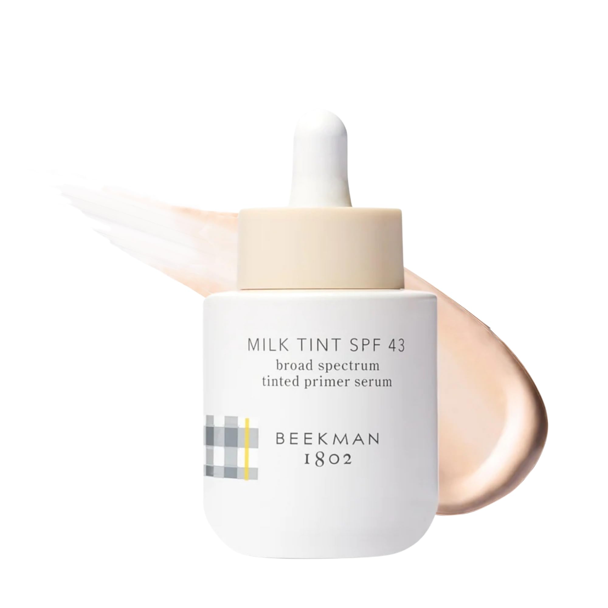 Beekman 1802 Milk Tint Primer bottle with SPF 43 protection for daily wear.