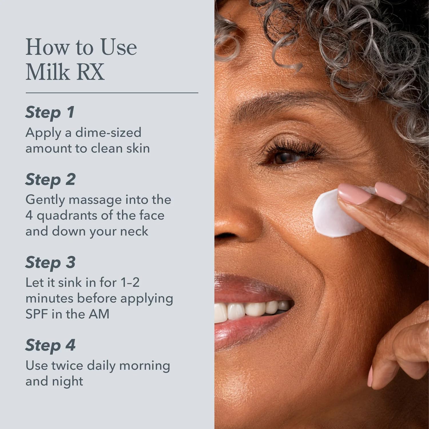 Beekman 1802 moisturizer application image shows a pea-sized amount absorbed on skin.
