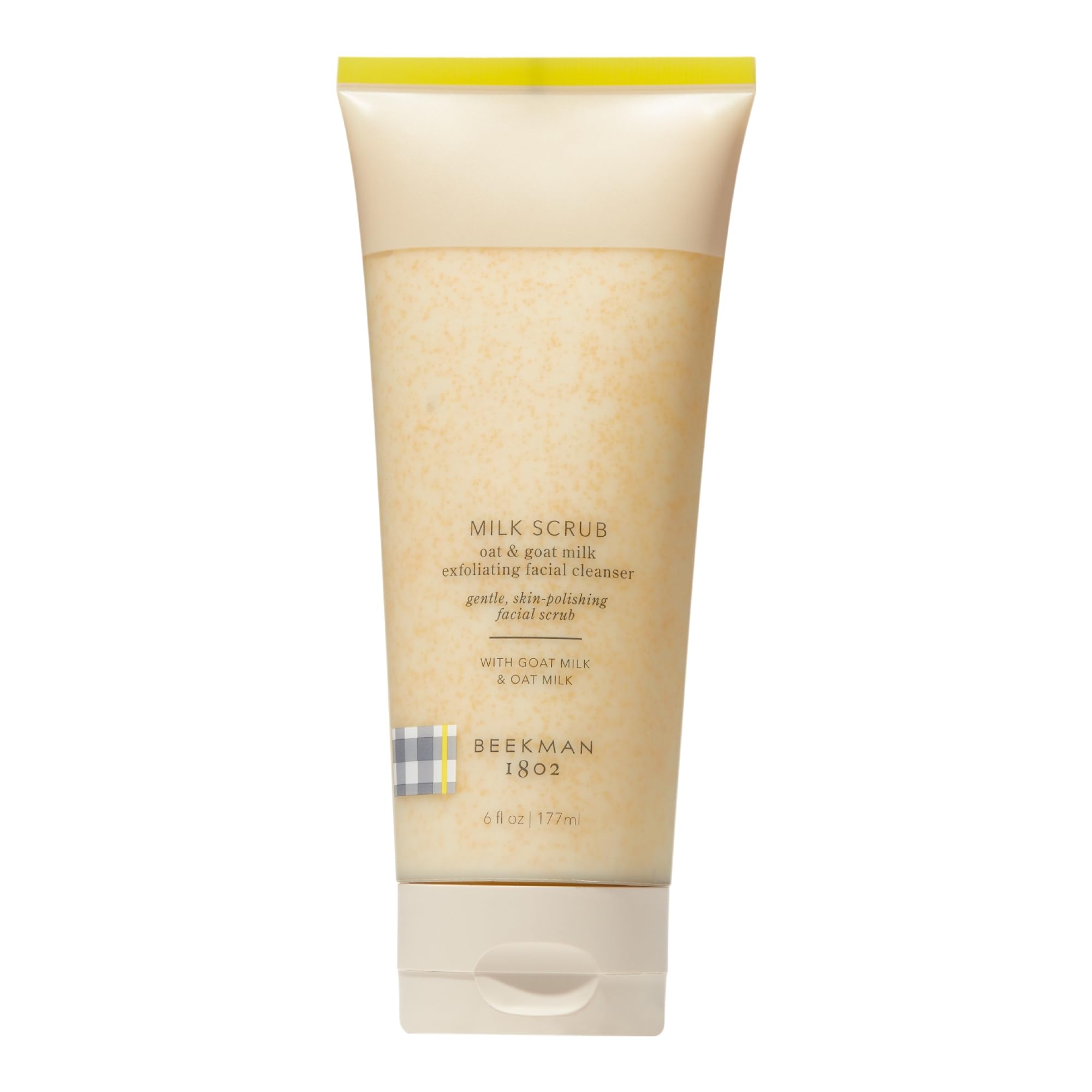 Beekman 1802 Oat + Goat Milk Scrub bottle for gentle cleansing.