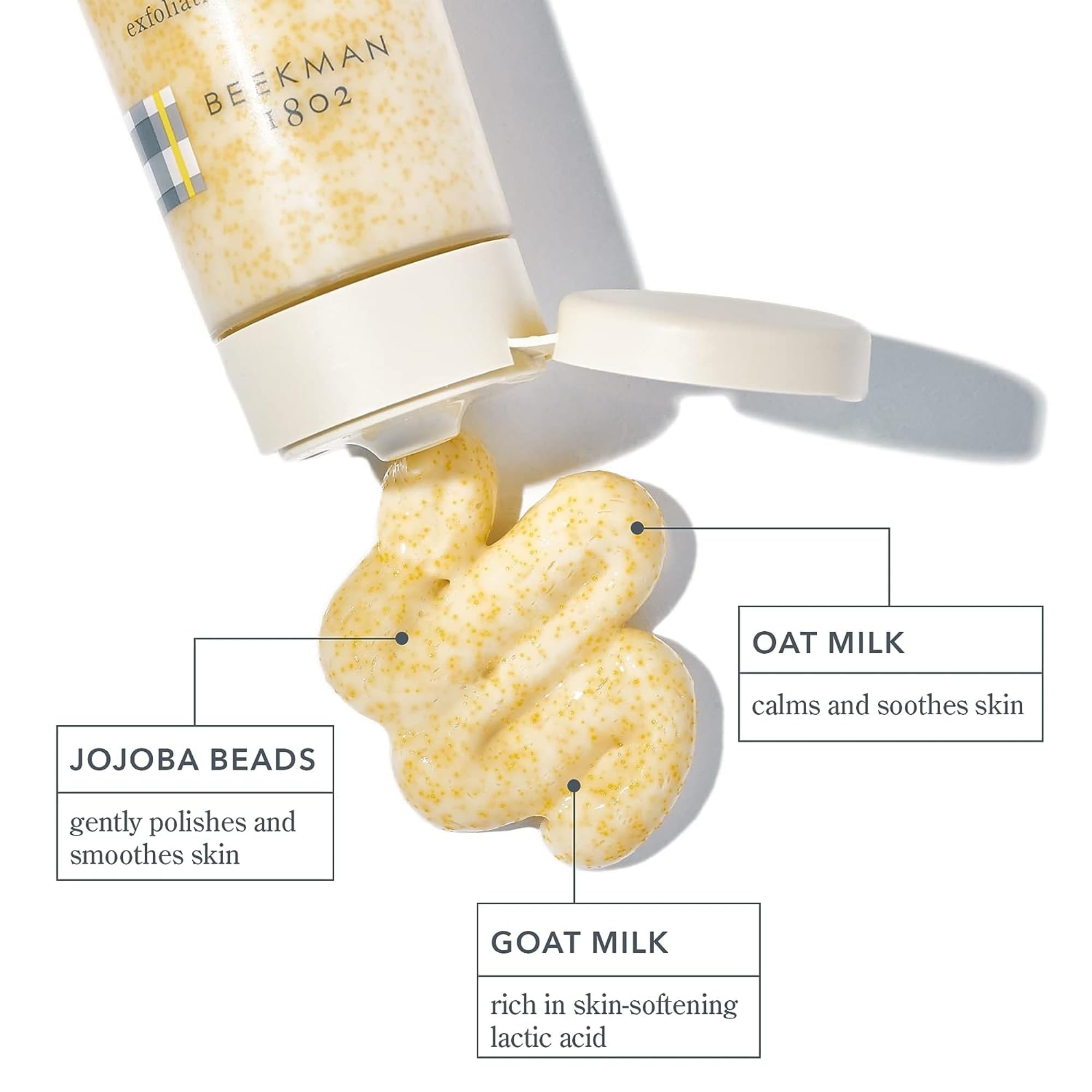 Beekman 1802 scrub jojoba beads close-up, highlighting non-irritating texture.
