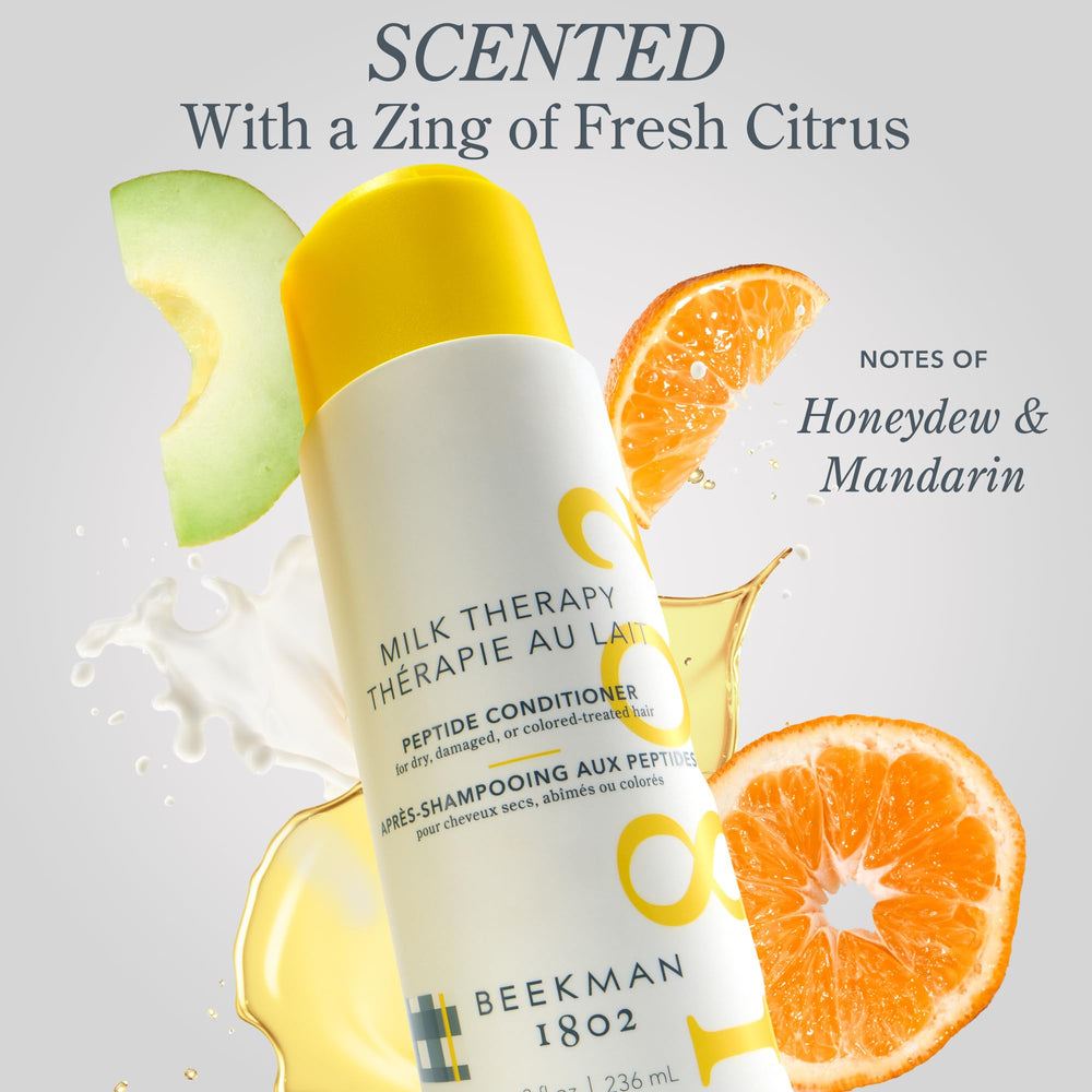 Beekman 1802 conditioner label features Brazilian Flex Peptide Bond and hydrolyzed collagen.