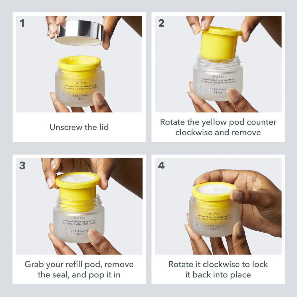 Beekman 1802 Refill Pod packaging beside a skincare routine for convenient replenishment.