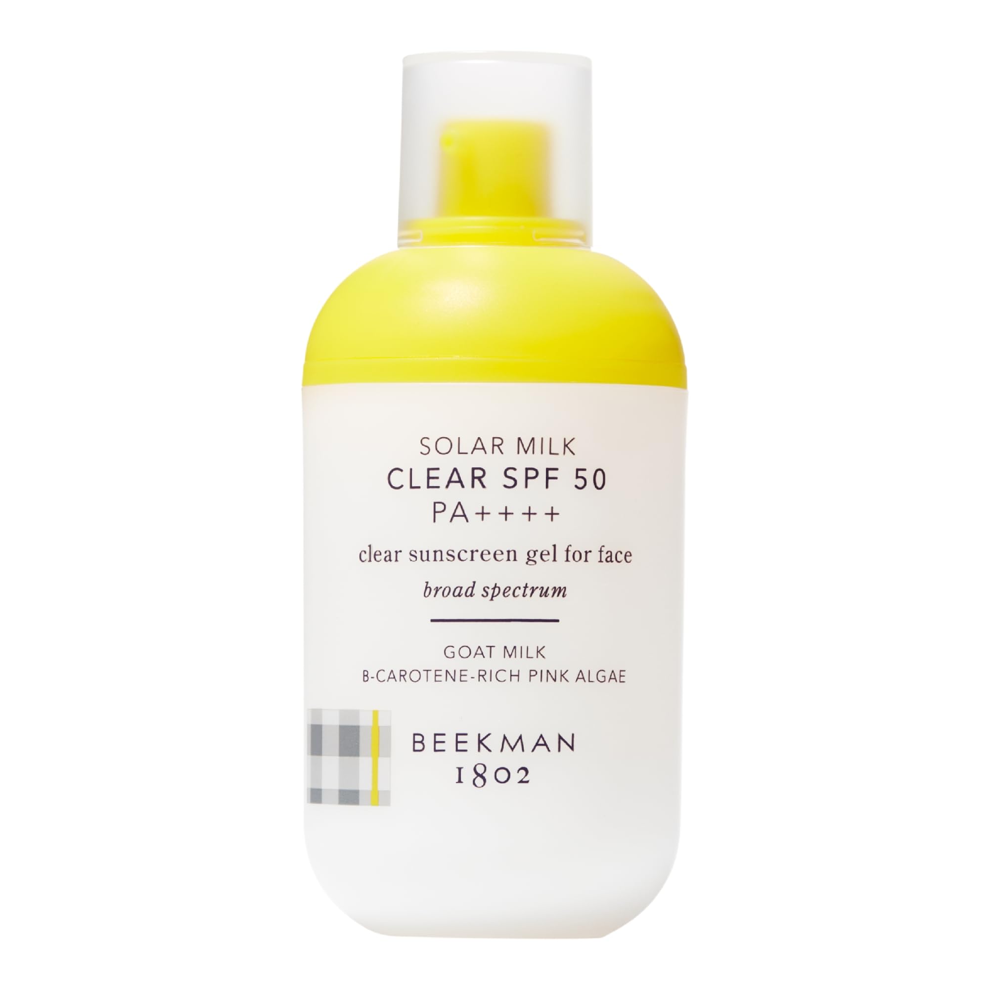 Beekman 1802 Solar Milk SPF 50 bottle with pump for easy daily application.
