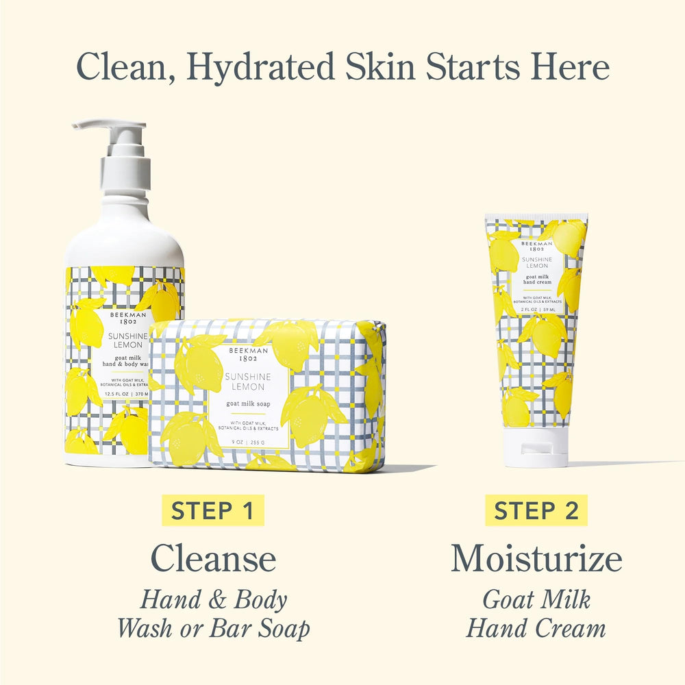 Beekman 1802 Sunshine Lemon bar in bath routine offers gentle skincare during showers.