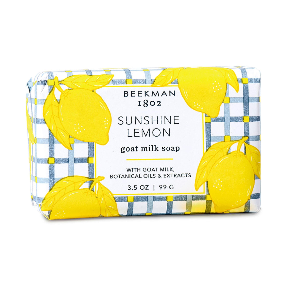 Beekman 1802 Sunshine Lemon goat milk soap bar packaging highlights cruelty-free, gentle cleansing for sensitive skin.