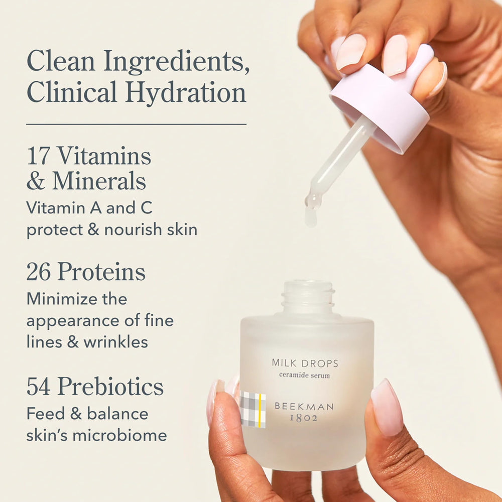 Beekman 1802 Milk Drops Ceramide Serum application-on-face demonstrates easy daily layering.