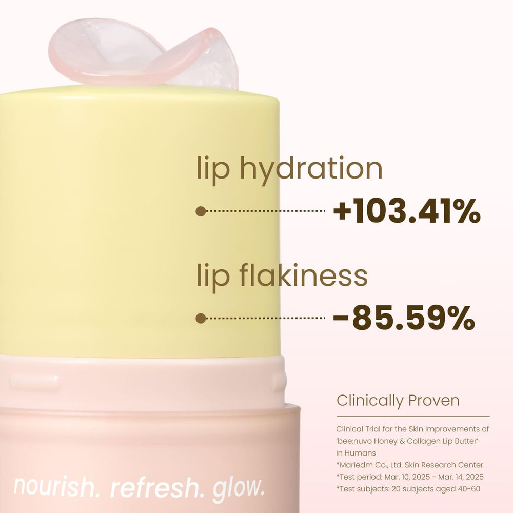 Beenuvo Honey & Collagen Lip Butter applied on lips for hydration base.