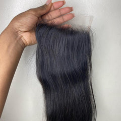 Beeos 5x5 closure natural hairline showing pre-plucked edge for realism.