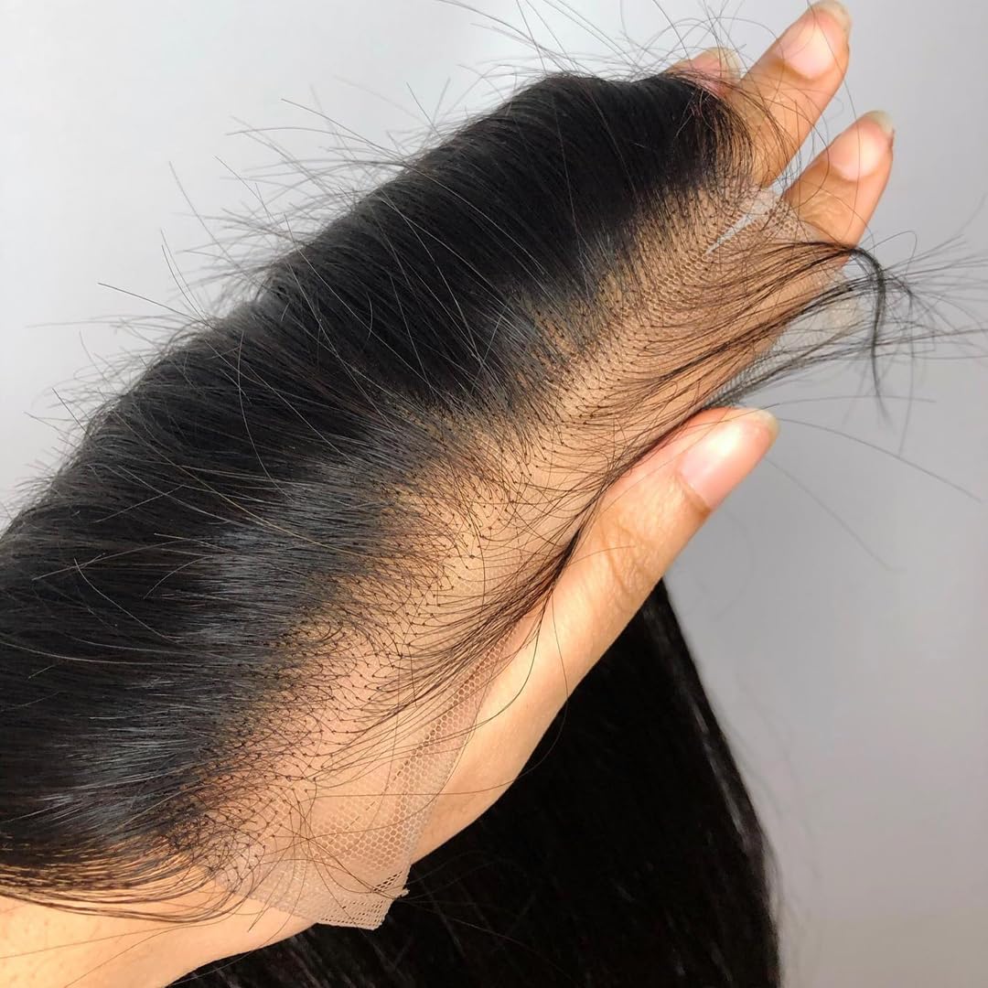 BEEOS closure close-up with bleached knot and natural hairline for realism and seamless blend.
