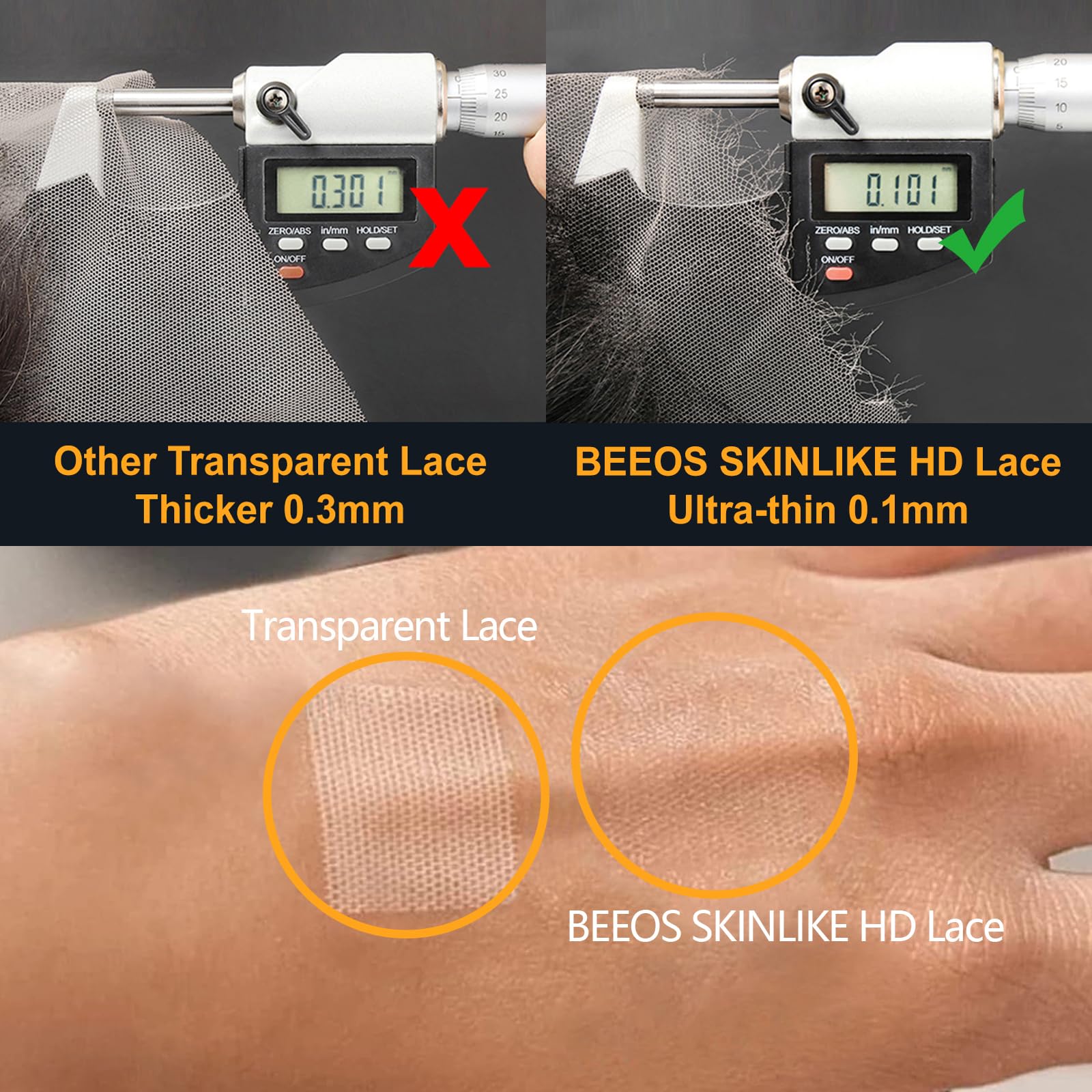 BEEOS ultra-thin 0.1mm lace base delivers breathable comfort during long wear.