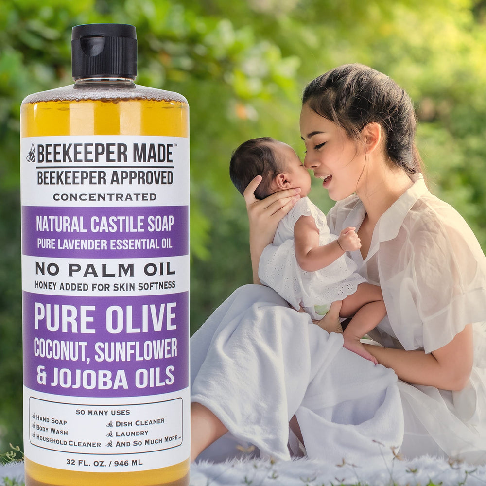Beessential Beekeeper Made Castile Soap lavender-scent ribbon evokes a spa-like moment.