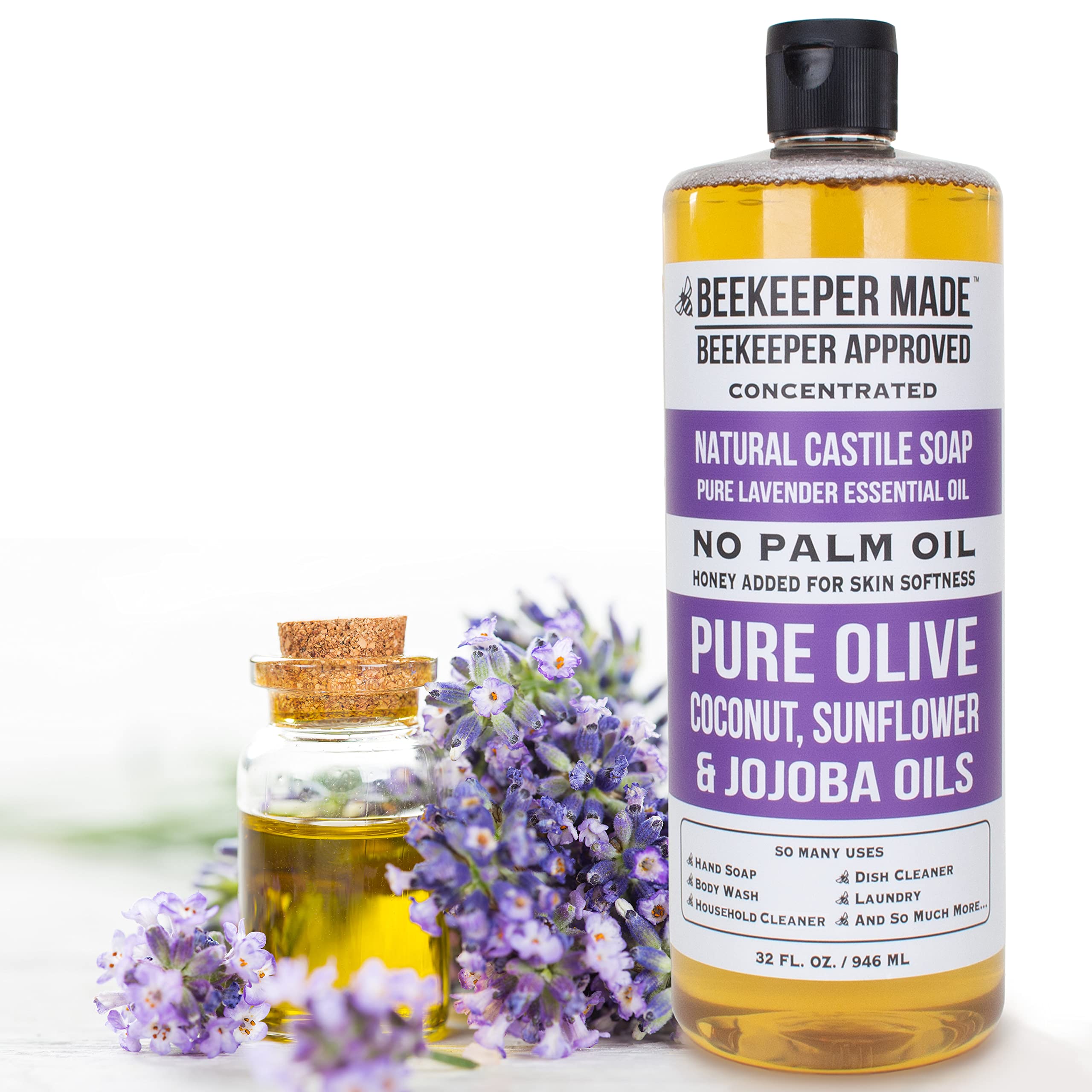 Beessential Beekeeper Made Castile Soap no-palm-oil badge signals eco-friendly choice.