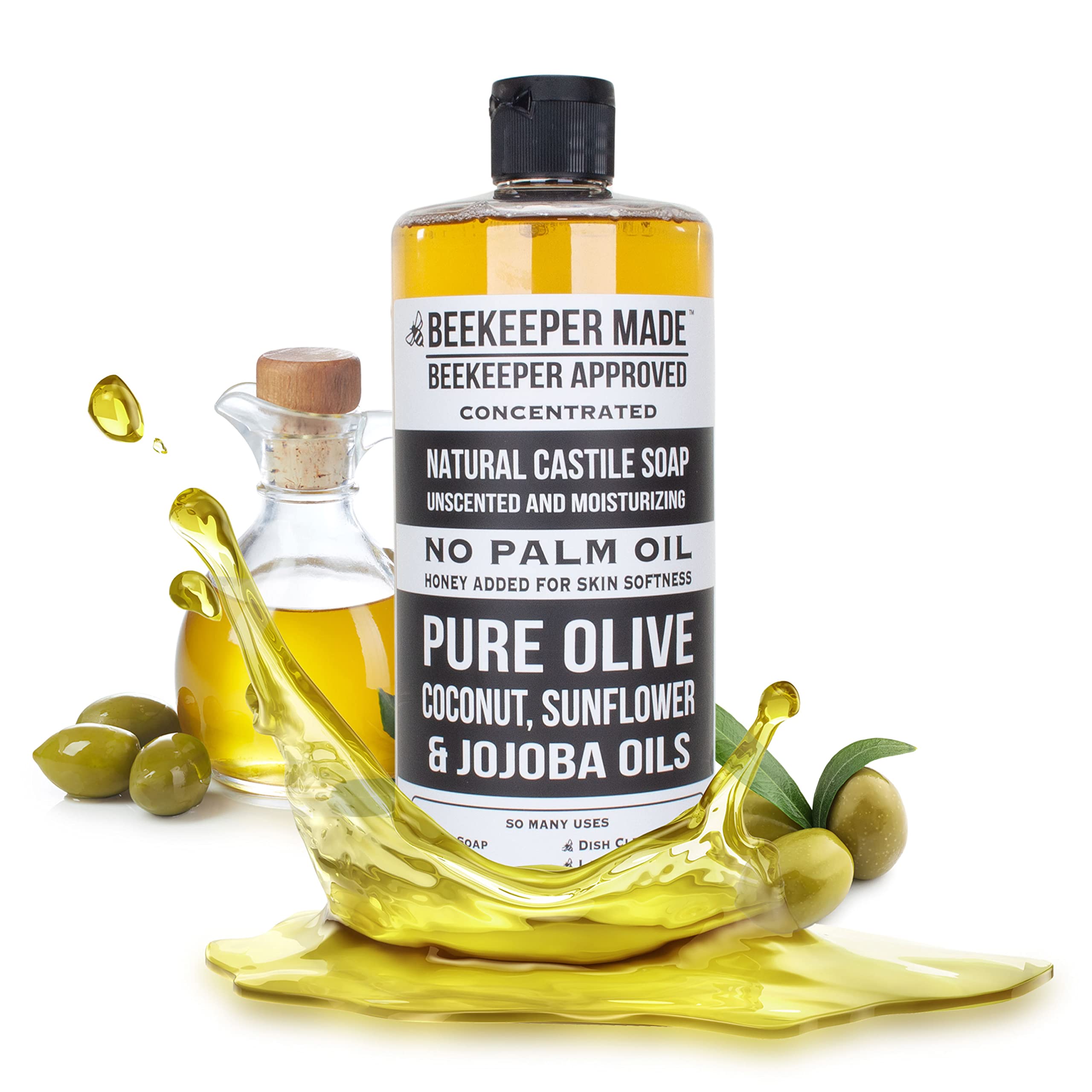 Beessential Beekeeper Made Castile Soap pour bottle demonstrates easy, gentle cleansing for sensitive skin.