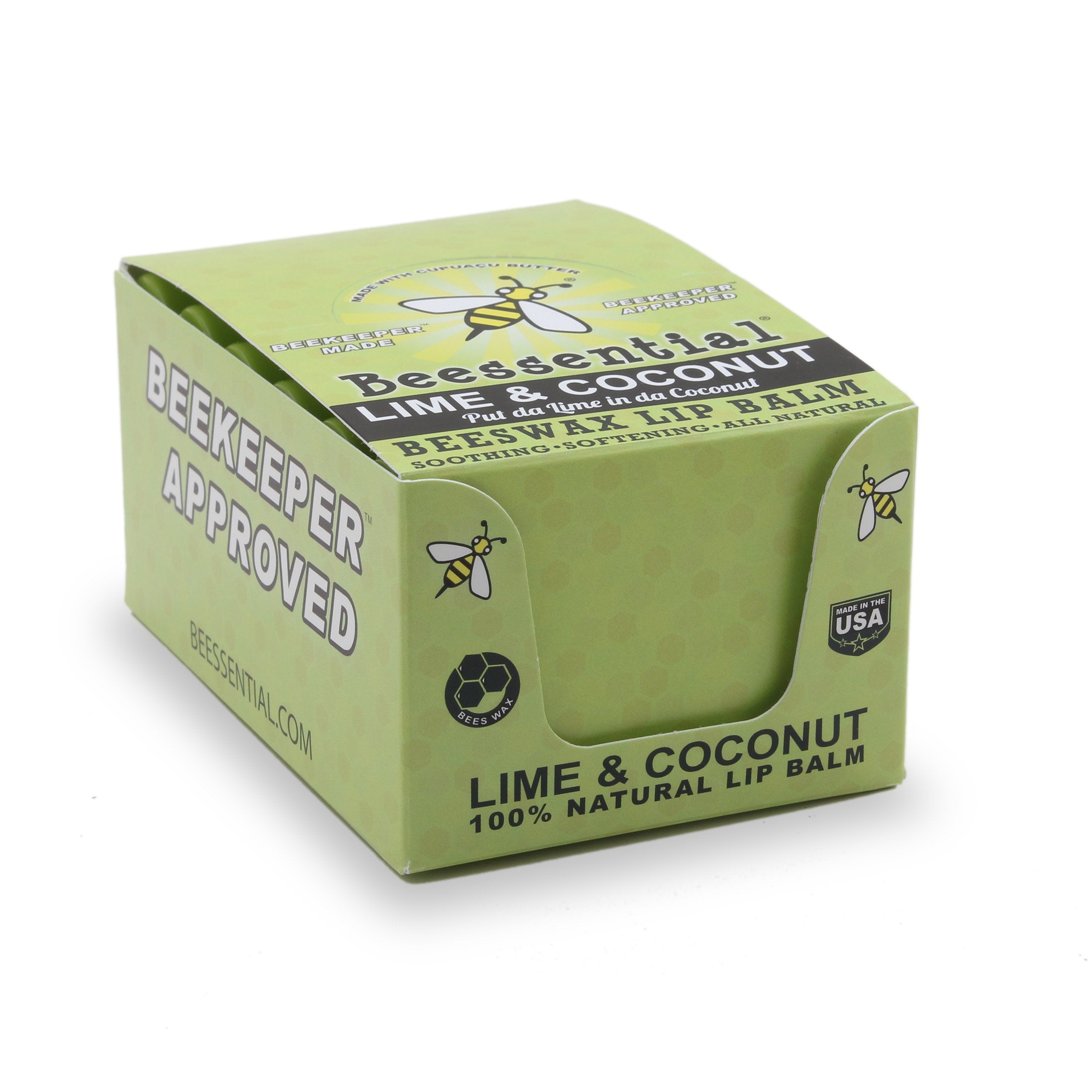 Beessential coconut lime lip balm application shows smooth glide for comfortable hydration.