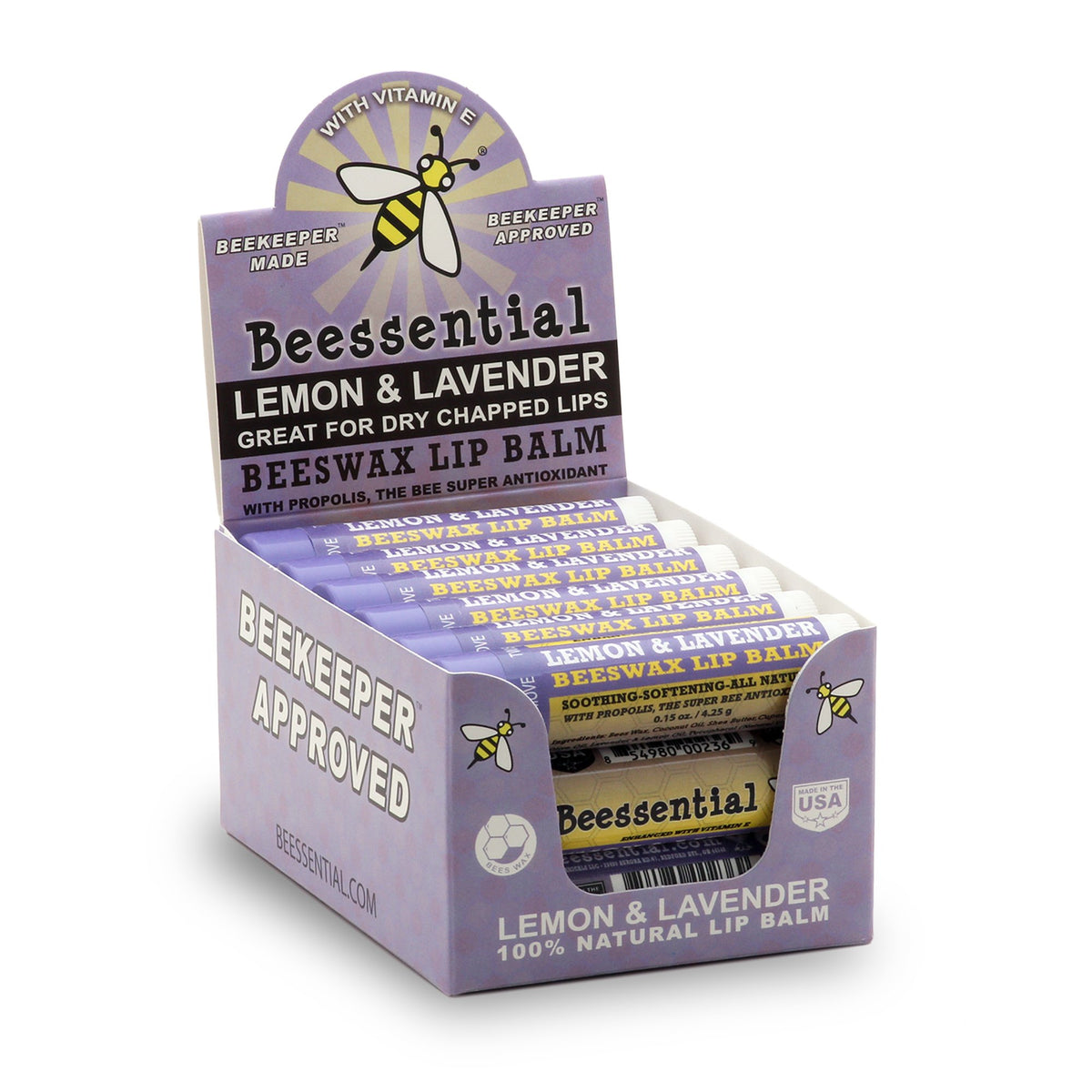 Beessential lavender lip balm 18-pack packaging display, ideal for gifting and bulk offers.