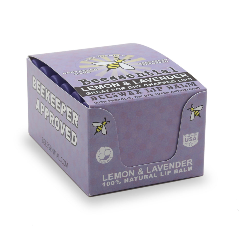Beessential lavender lip balm 18-pack texture close-up, rich, smooth feel for lips.