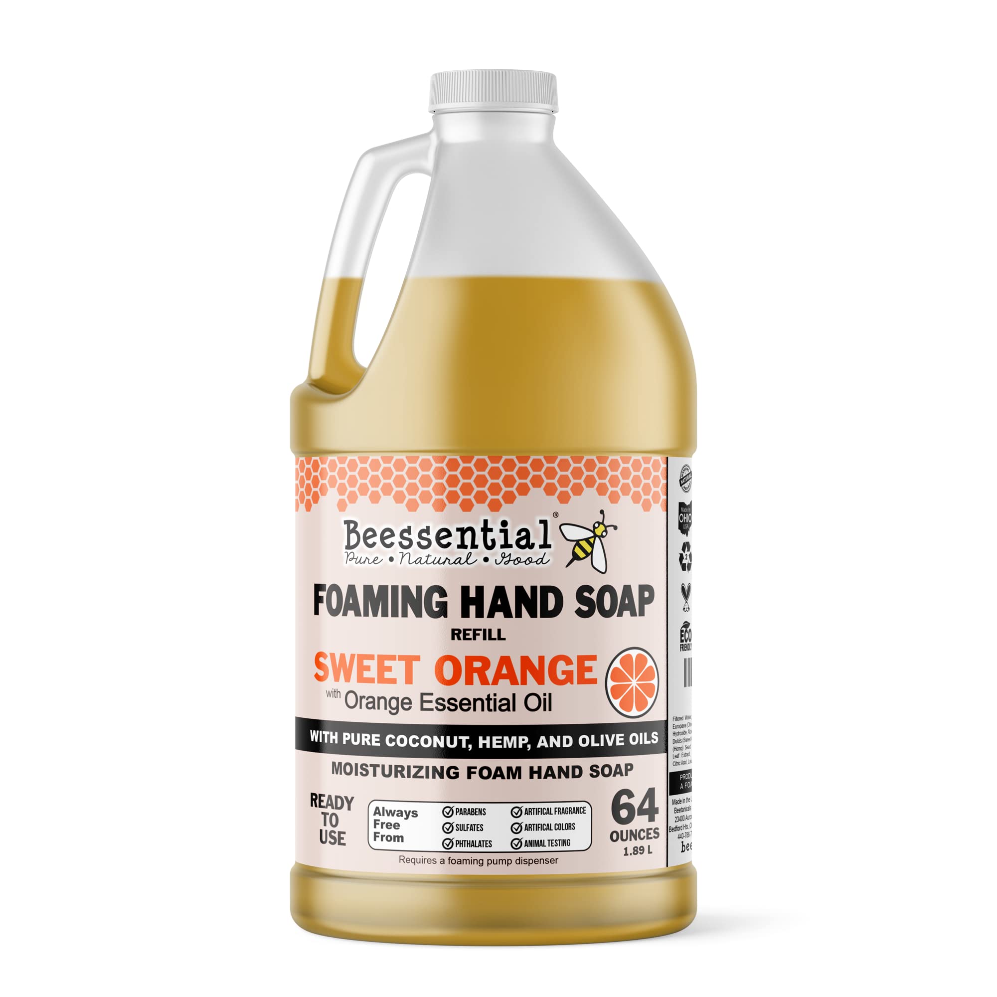 Beessential orange foaming hand soap refill bottle with moisturizing aloe and honey for daily use.