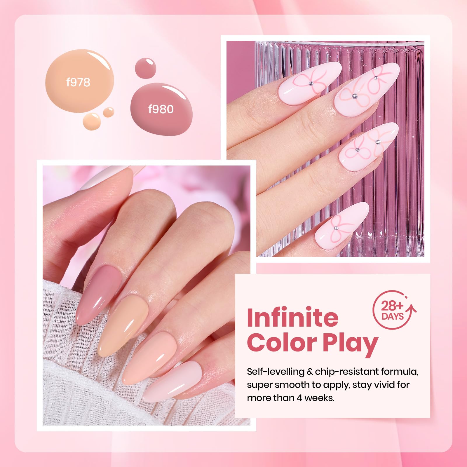 Beetle Nude Pink gel polish set LED curing illustrates quick 60-90 second dry time.