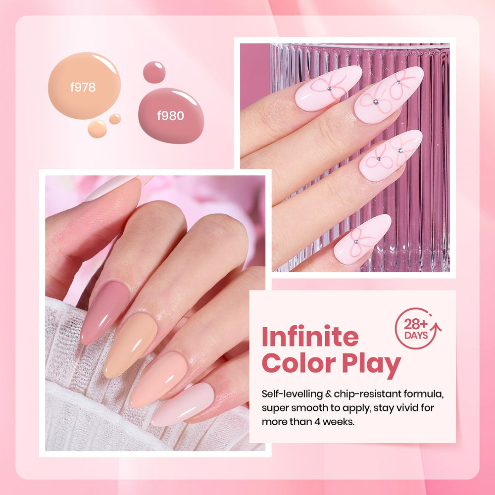 Beetle Nude Pink gel polish set LED curing illustrates quick 60-90 second dry time.