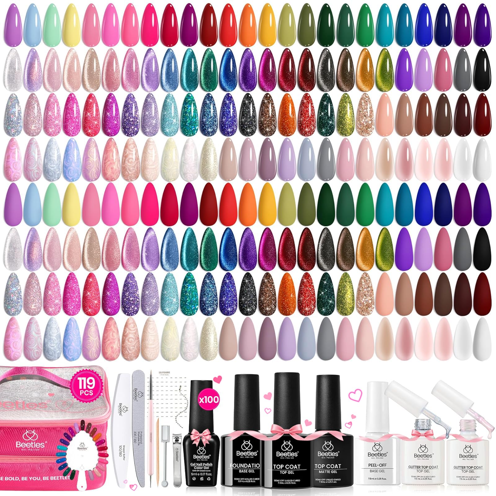Beetles 119 PCS gel set bottle display shows full color range for versatile nail art
