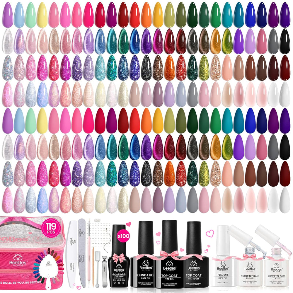 Beetles 119 PCS gel set bottle display shows full color range for versatile nail art