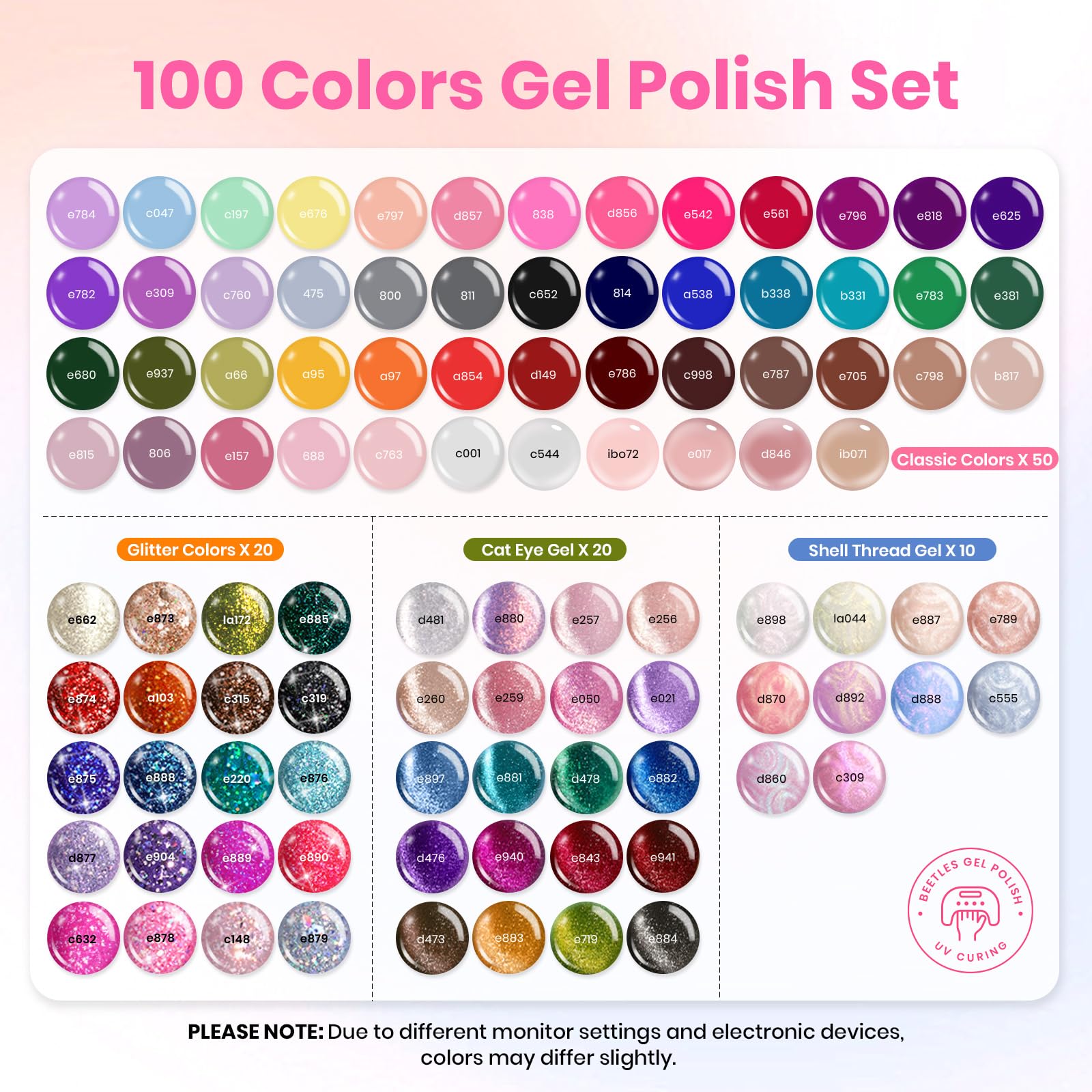 Beetles 119 PCS gel set color swatches display, perfect for choosing seasonal shades