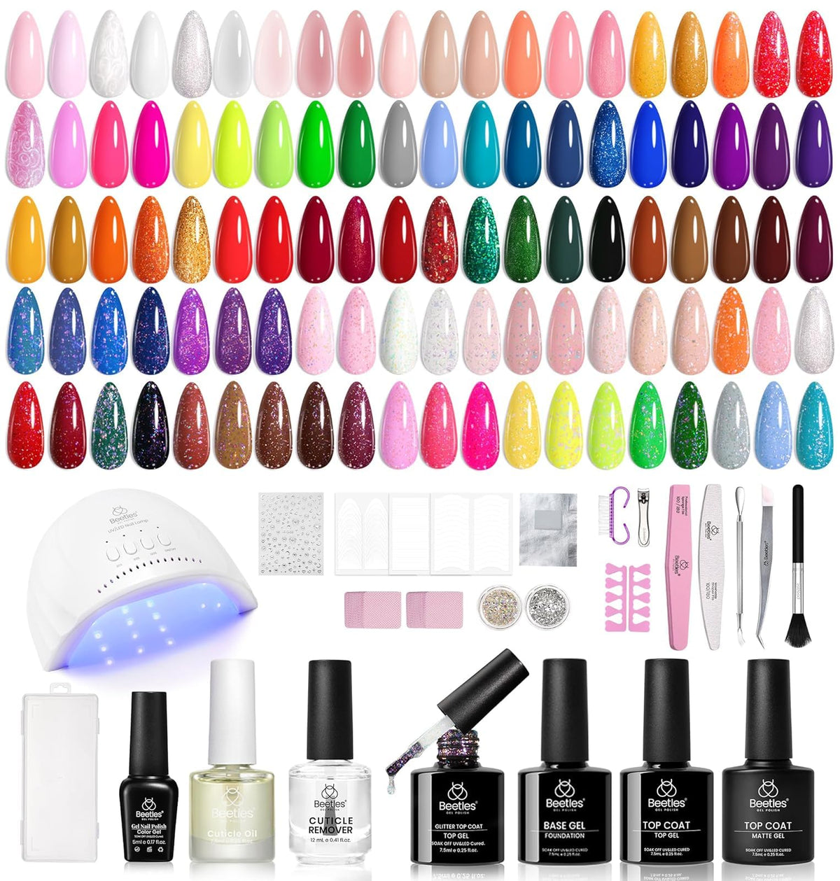 Beetles 85 Pcs Gel Nail Kit with UV Light enables at-home salon-quality nails.