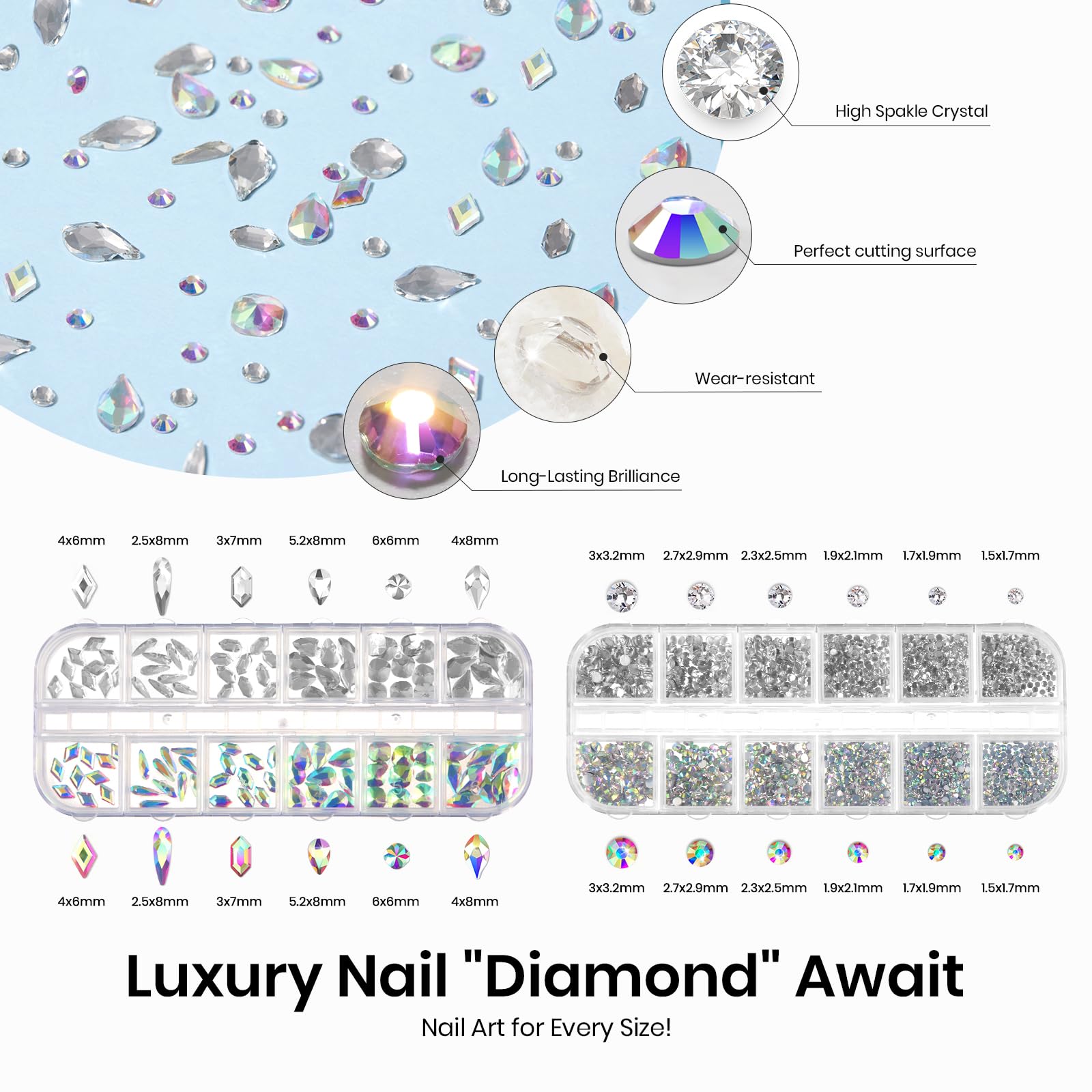 Beetles AB rhinestones style tray with varied sizes for versatile designs