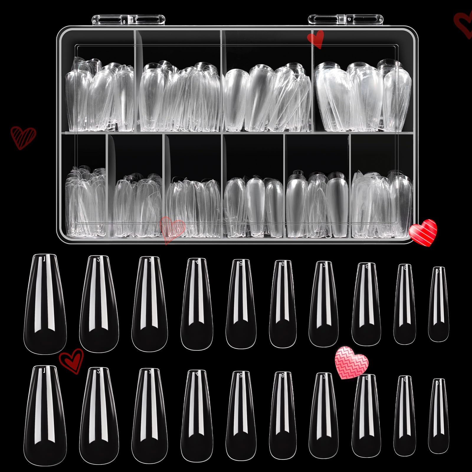 Beetles acrylic nails kit contents showing 500 tips for DIY extensions