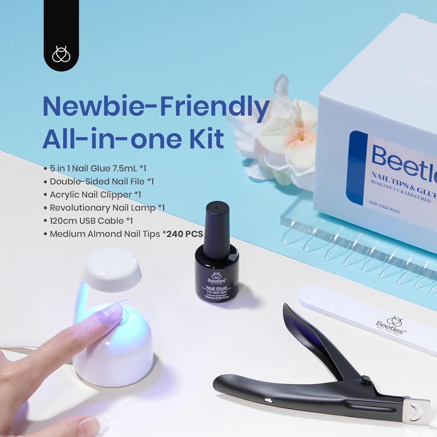 Beetles almond nail tips 240-piece assortment for natural-looking extensions.