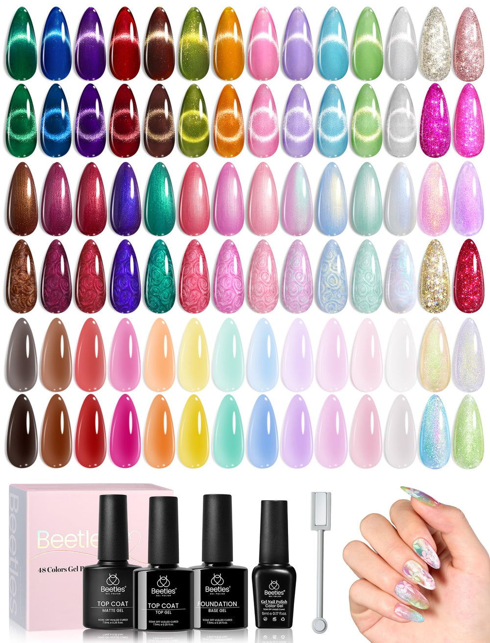Beetles gel polish cures under UV/LED for long-lasting shine.