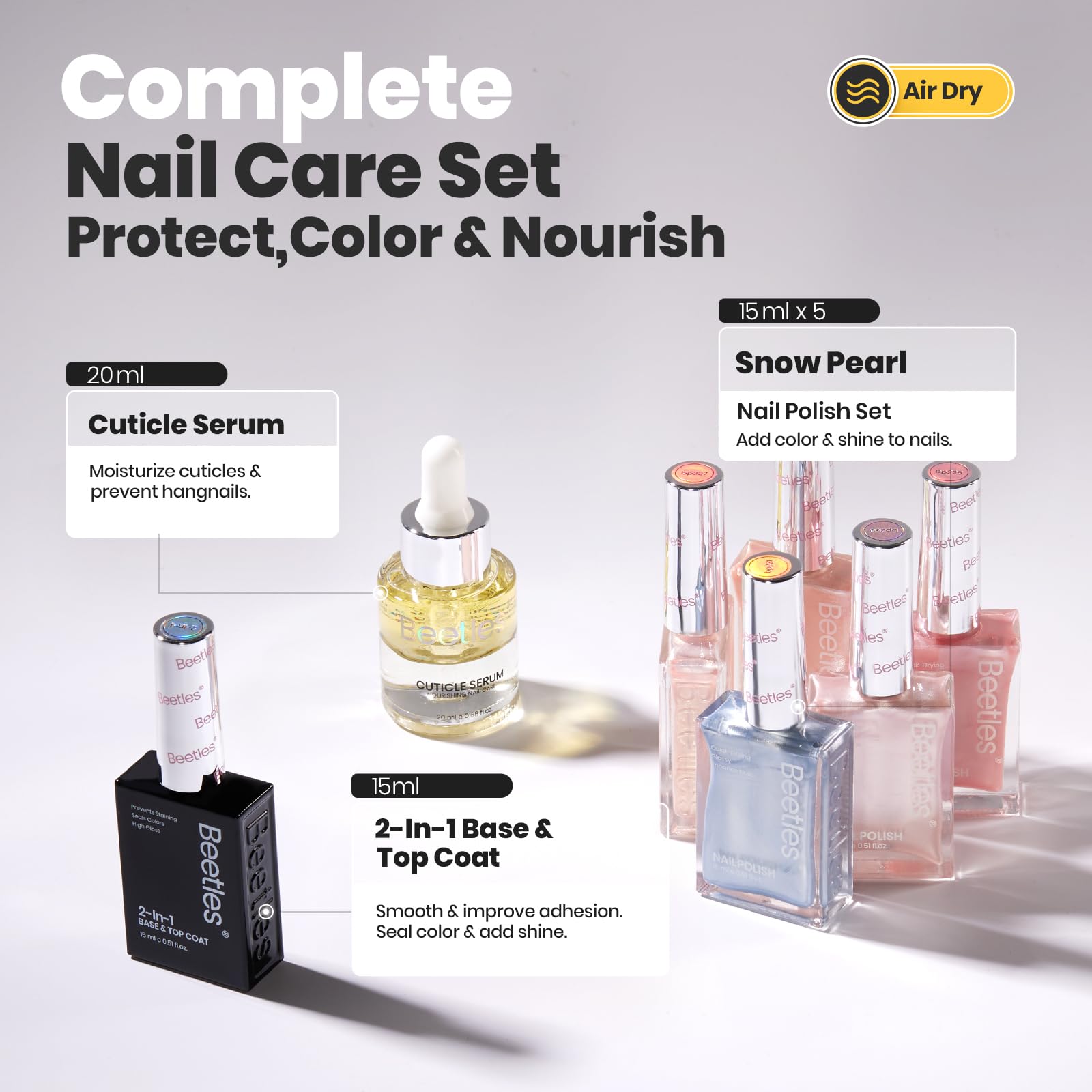 Beetles base coat top coat 2in1 bottle provides easy, durable nail protection.