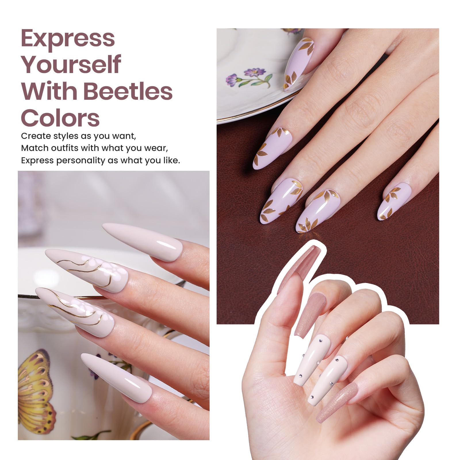 Beetles base coat and glossy/matte top coats for durable shine.