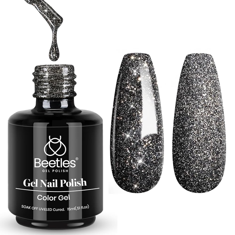 Beetles Black Gel Nail Polish 15ml bottle with glitter for reflective sparkle.