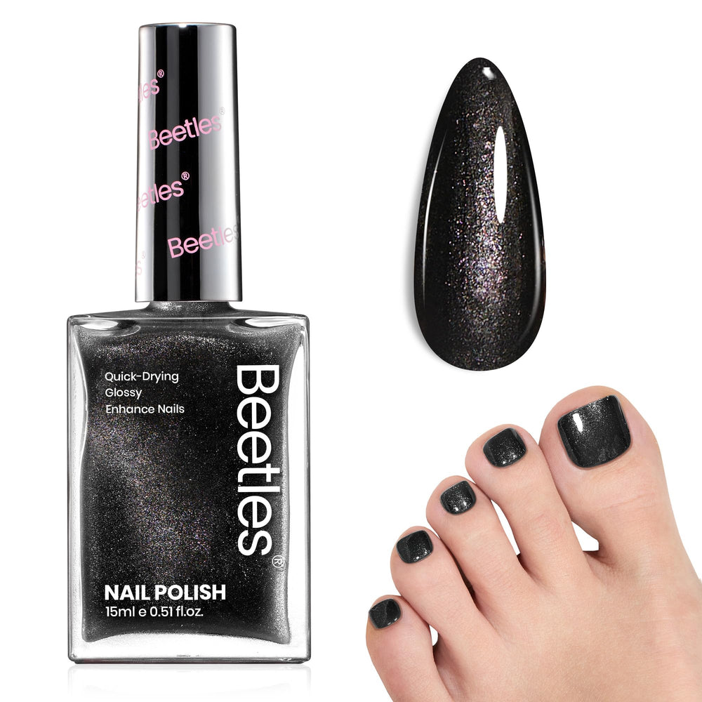Beetles Black Glitter Nail Polish bottle showing shimmering finish for a bold manicure.