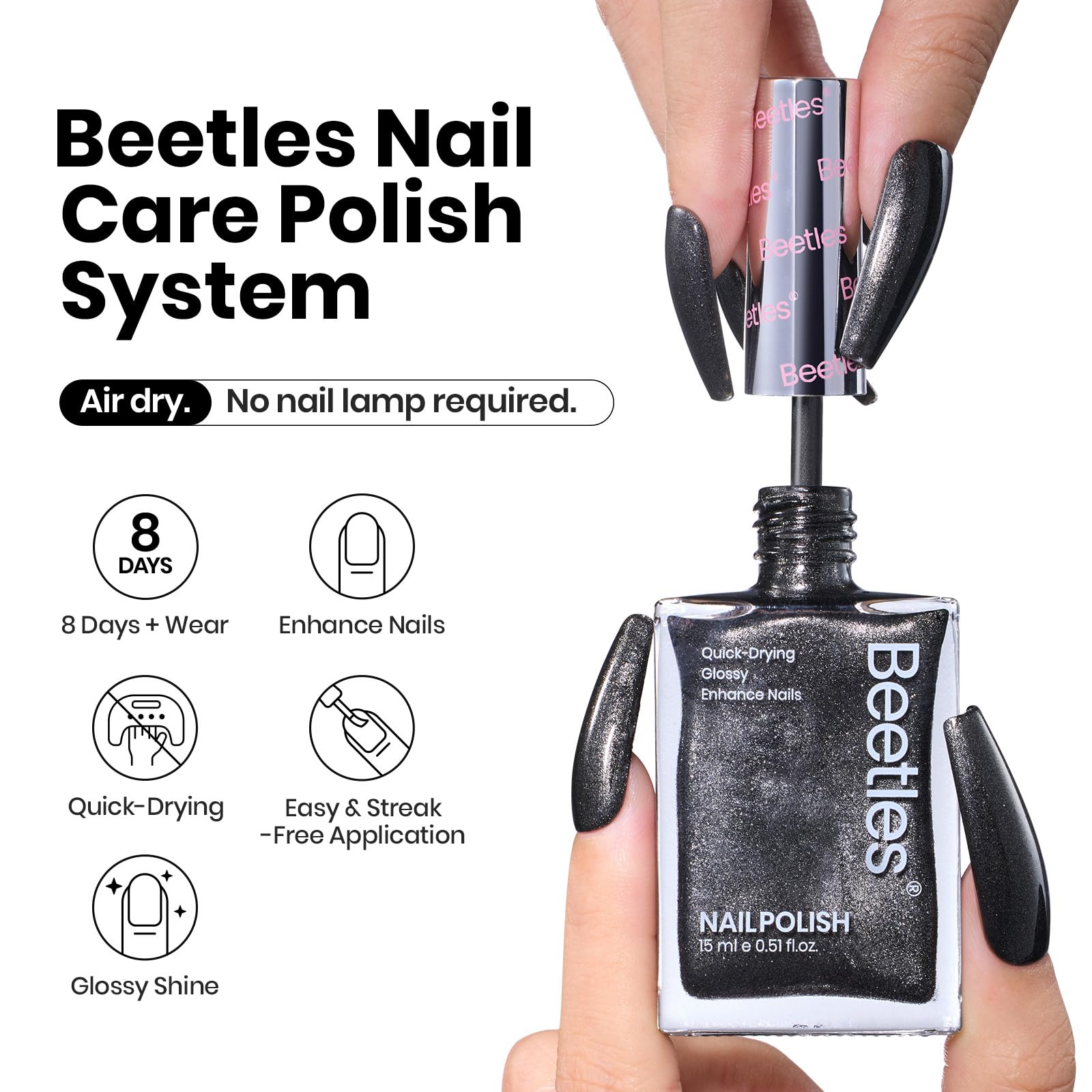 Beetles Black Glitter Nail Polish brush-stroke demonstrates smooth application and even glitter.