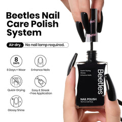 Beetles Black Nail Polish swatch image showcases deep black shade with high-gloss shine.