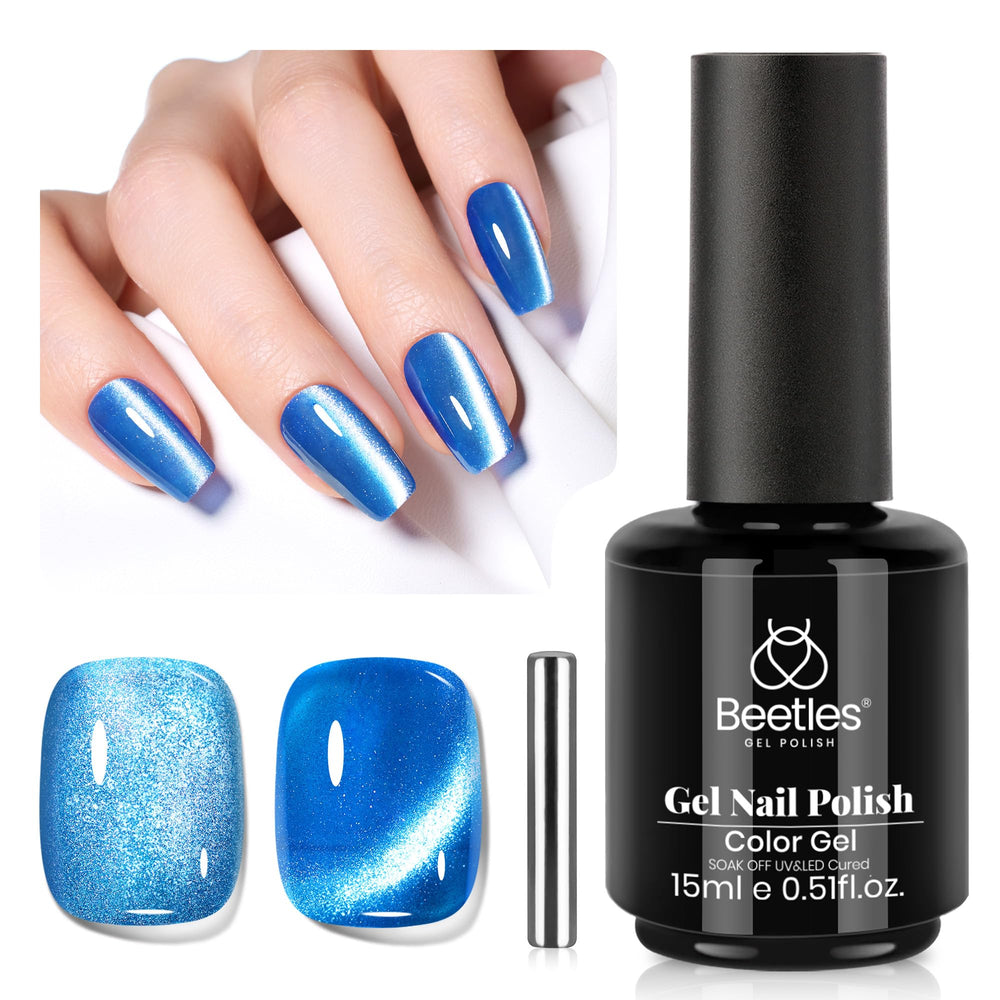 Beetles Blue Cat Eye Gel Polish with magnet creates vivid cat eye shimmer for at-home nails.