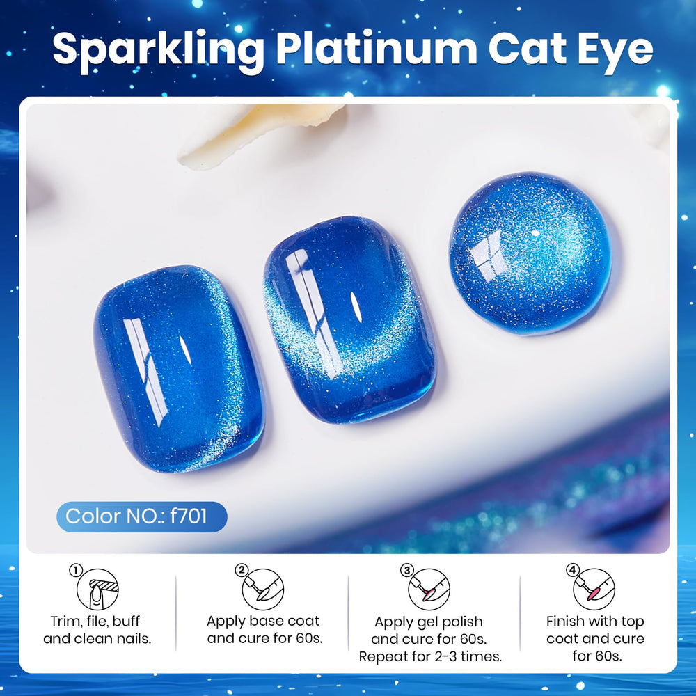 Beetles Blue Cat Eye Gel Polish highlights glittery velvet finish for DIY manicures.