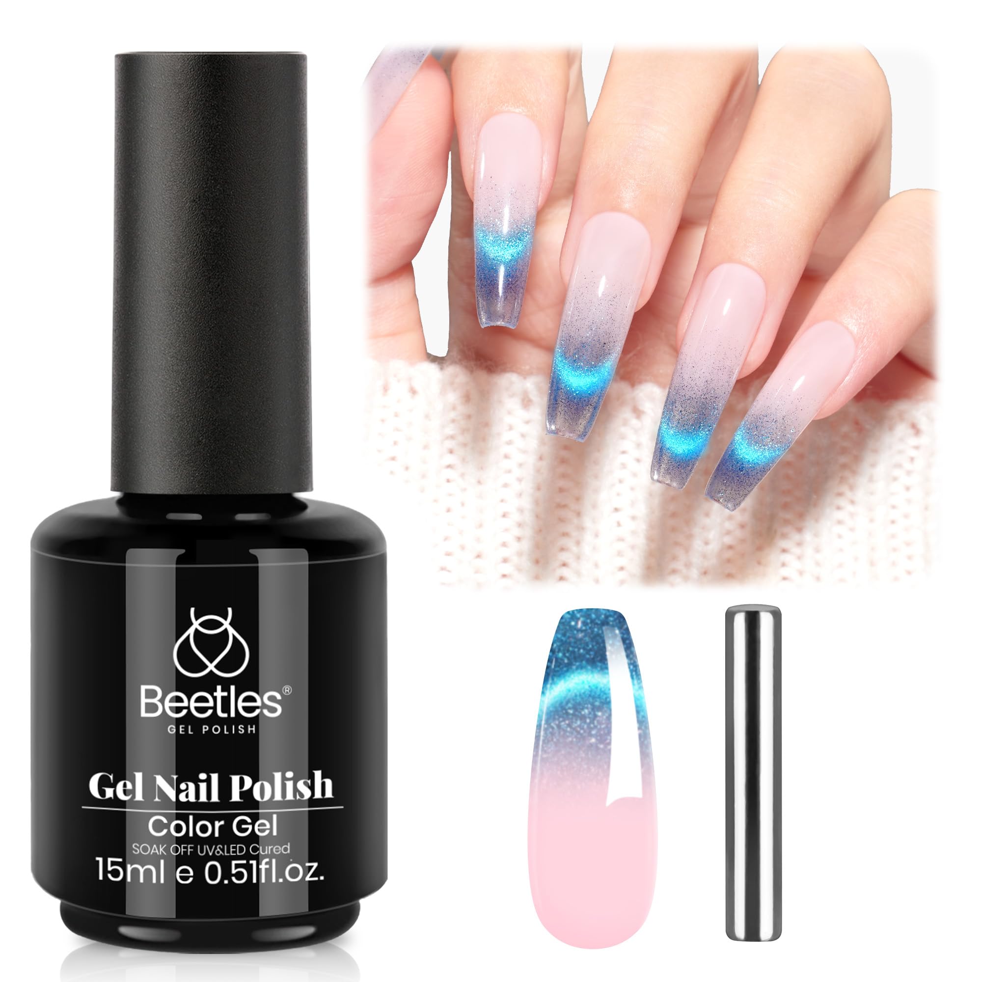 Beetles Blue Cat Eye Gel Polish bottle shows 15ml size for at-home manicures.
